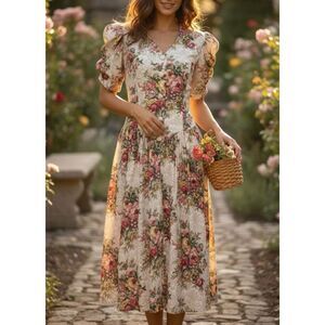 Vintage‎ Sweet Miranda Midi Dress size 10 Floral Cream Padded Shoulders Tie